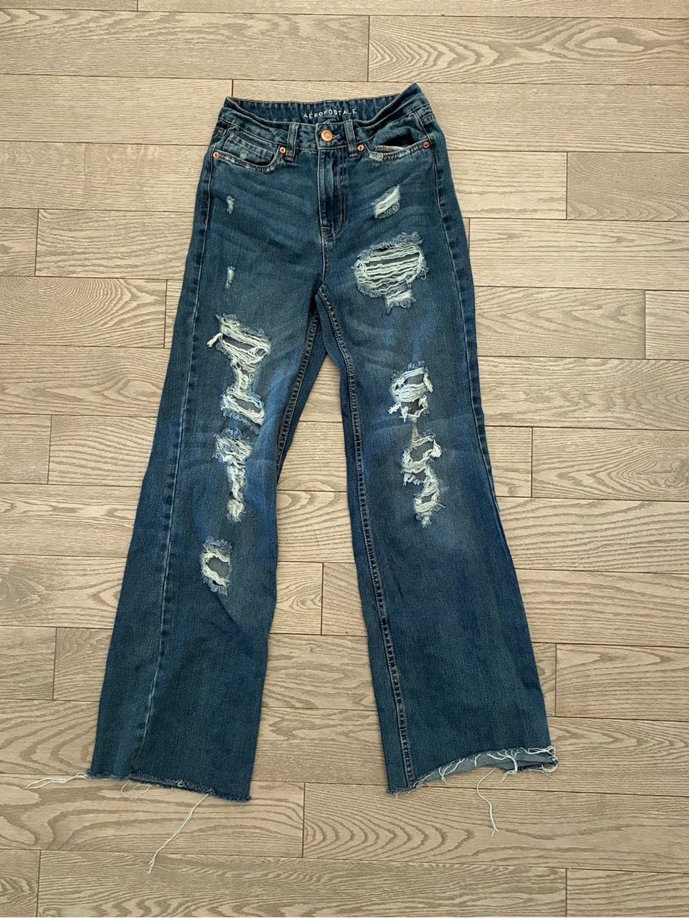 Aeropostale Womens Ripped Wide-Leg Jeans - Dark Blue